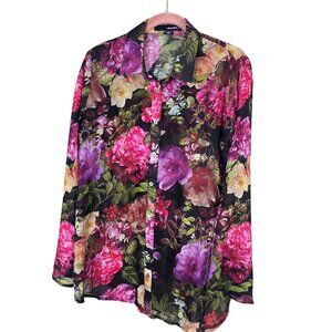 Floral Sheer Top 12W Black Tropical Resort Classic Preppy Boho Western Old Money